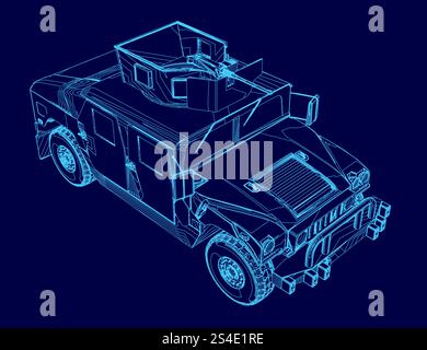Blue drawing of a car with a gun on top. The car is shown in a 3D format Stock Vector