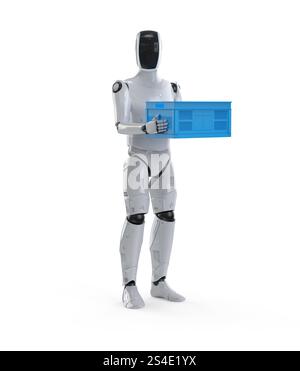 Smart logistic concept with 3d rendering warehouse robot hold empty plastic crate isolated on white Stock Photo