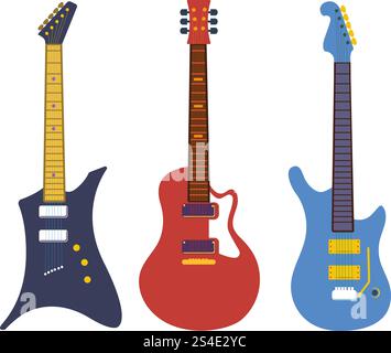 Vintage bass electric rock guitars, string instruments flat vector set. Collection of rock guitars, illustration of electric equipment musical guitar. Vintage bass electric rock guitars, string instruments flat vector set Stock Vector