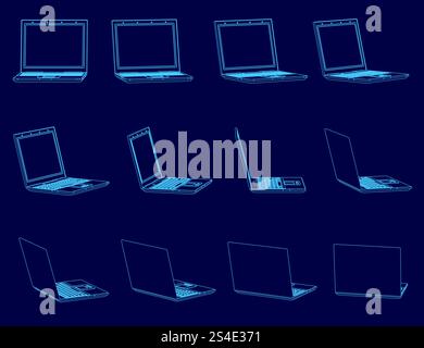Series of blue laptop images are shown in a row. The laptops are all open and have a similar design. The images are in black and white and are stylize Stock Vector