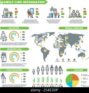 Family statistics vector infographics with population charts and demographics diagrams. World statistic family, life duration and natality, infographic data family illustration. Family statistics vector infographics with population charts and demographics diagrams Stock Vector