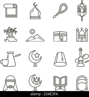 Islamic religion vector thin line icons. Set of religious islamic icons, illustration of oriental arabic islamic culture. Islamic religion vector thin line icons Stock Vector