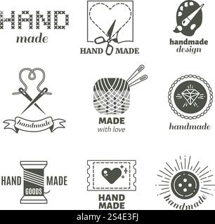 Vintage hipster handmade, hairstyle, handiwork vector badges, labels, logos. Workshop label set, illustration of hand made work shop. Vintage hipster handmade, hairstyle, handiwork vector badges, labels, logos Stock Vector