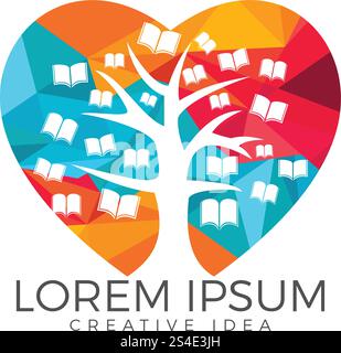 Education tree and books logo design. Heart sign icon. Institutional and educational vector logo design. Stock Vector