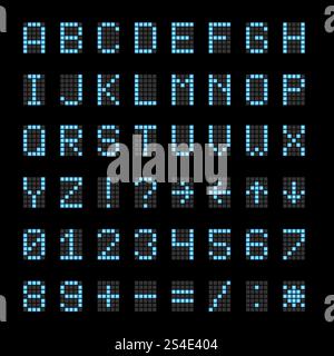 Scoreboard electronic digital signs, numbers and letters vector font. Digital abc for scoreboard, illustration of electronic digital alphabet. Scoreboard electronic digital signs, numbers and letters vector font Stock Vector