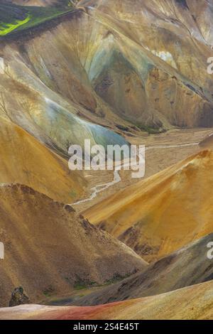 Small river between colourful rhyolite mountains, volcanic landscape, erosion landscape, view from Brennisteinsalda Landmannalaugar, Fjallabak Nature Stock Photo