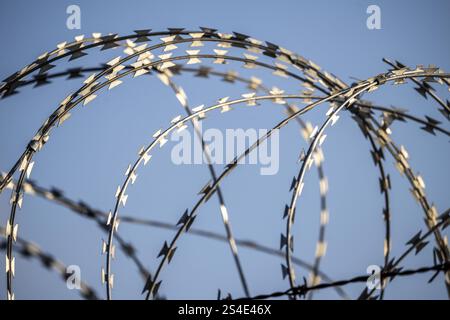 Symbolic image security, S-wire rolls, NATO wire, on a fence top, demarcation of a property, prevention of unauthorised access, strip steel wire with Stock Photo