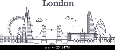 London city skyline with famous buildings, tourism england landmarks outline vector illustration. Line london panorama building, skyline architecture city of london. London city skyline with famous buildings, tourism england landmarks outline vector illustration Stock Vector