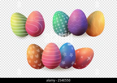 3d Easter voluminous eggs, composition elements, realistic and multicolored , vector illustration Stock Vector