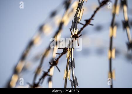 Symbolic image security, S-wire rolls, NATO wire, on a fence top, demarcation of a property, prevention of unauthorised access, strip steel wire with Stock Photo