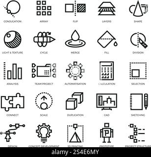 Cad designer, future innovation, database, architecture, 3d model printing vector line icons. Conjugation and array, flip and layer illustration. Cad designer, future innovation, database, architecture, 3d model printing vector line icons Stock Vector