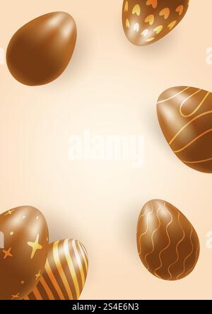 Frame , template with copy space 3D chocolate eggs, Easter on a warm background Stock Vector
