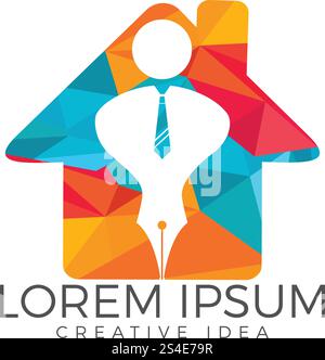 Pen nib or pen tip with a man head and house logo vector. Education Logo. Institutional and educational vector logo design. Stock Vector