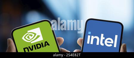 Nvidia and Intel logo is displayed on smartphone Stock Photo