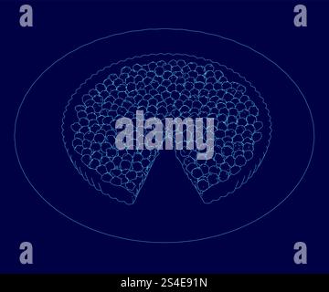 Blue image of a pizza with a slice missing. The pizza is surrounded by a blue circle, and the slice is missing from the top right corner. The image ha Stock Vector