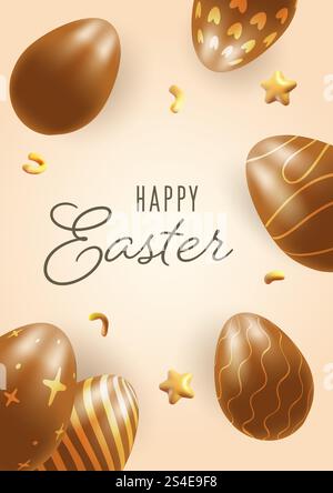 Happy Easter, 3D chocolate eggs greeting card, Easter on warm background Stock Vector