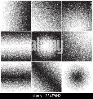 Grainy sand textures, noise, grange gradient, dirty distressed effect vector backgrounds set. Chaotic dotted sand effect, surface grainy and distressed grunge effect illustration. Grainy sand textures, noise, grange gradient, dirty distressed effect. Vector backgrounds set Stock Vector