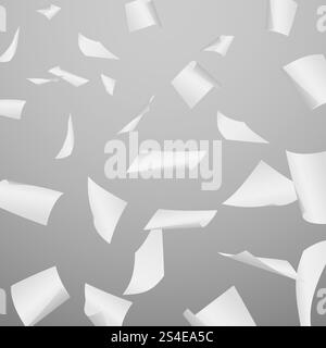 Abstract vector background with flying, falling, scattered office white paper sheets, documents. Background with flight paper, illustration of clear chaotic paper. Abstract vector background with flying, falling, scattered office white paper sheets, documents Stock Vector