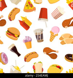 Fast food vector seamless pattern. Background with hamburger sandwich food, illustration of beverage and fast food ice cream. Fast food vector seamless pattern Stock Vector