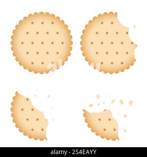 Bitten chip biscuit cookie, cracker vector set. Baked biscuit on white background, illustration of bitten biscuit. Bitten chip biscuit cookie, cracker vector set Stock Vector