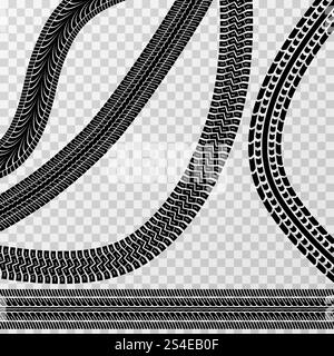 Different tire car and bike tracks isolated on checkered background - vector stock. Effect tire car tracks, illustration of messy tracks from car or moto tire. Different tire car and bike tracks isolated on checkered background - vector stock Stock Vector