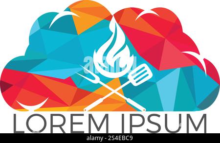 Creative concept with grilled sausage in a cloud shape. Grill bbq hotdog symbol. Fast food logo icon. Grill logo design concept. Tasty steak on fire and check sign makes cloud shape. Stock Vector