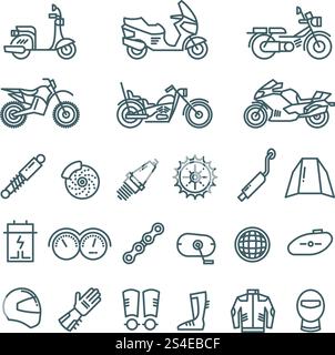 Motorcycle, auto parts and motorbike accessories vector line icons. Motorbike linear design, illustration of part for motorbile. Motorcycle, auto parts and motorbike accessories vector line icons Stock Vector