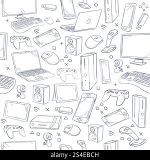 Computer game, device, social gaming vector sketch doodles seamless pattern. Doodle sketch joystick and gaming console, illustration of sketch background with smart device. Computer game, device, social gaming vector sketch doodles seamless pattern Stock Vector