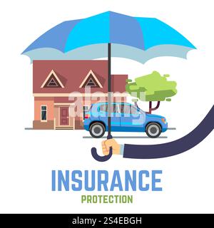 Insurance vector flat safe concept with hand holding umbrella over house and car. Security and insurance transport and building, illustration of car and house insurance. Insurance vector flat safe concept with hand holding umbrella over house and car Stock Vector