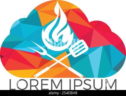 Creative concept with grilled sausage in a cloud shape. Grill bbq hotdog symbol. Fast food logo icon. Grill logo design concept. Tasty steak on fire and check sign makes cloud shape. Stock Vector