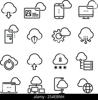 Computer cloud technology, data security, access perfection vector thin line icons. Cloud data on laptop, illustration of virtual data cloud. Computer cloud technology, data security, access perfection vector thin line icons Stock Vector