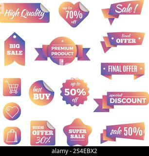 Discount shopping banners and pricing labels with ribbons vector set. Promotion pricing label, illustration of sale and discount label. Discount shopping banners and pricing labels with ribbons vector set Stock Vector