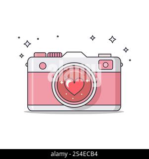 Pink Camera with Heart Lens Love Photography Valentine Day Vector Graphic EPS10 Stock Vector