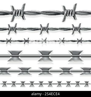 Safety steel barbed and razor wire vector seamless prison borders set. Barrier with steel barbed for security prison, illustration of prison fence. Safety steel barbed and razor wire vector seamless prison borders set Stock Vector