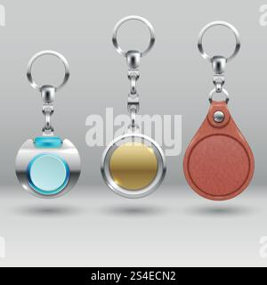 Realistic keychains. Vector car key holders set. Collection of trinkets, illustration of realistic souvenir trinket. Realistic keychains. Vector car key holders set Stock Vector