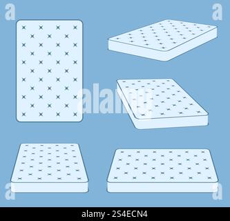 Padded comfortable sleeping bed mattress in different position vector template. Flat mattress for bed, illustration of comfortable mattress. Padded comfortable sleeping bed mattress in different position vector template Stock Vector