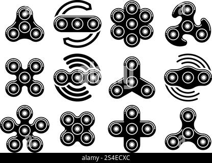 Fidget spinner stress relief toys vector icons. Hand spinners for increased focus isolated on white background. Fidget spinner stress relief toys vector icons Stock Vector