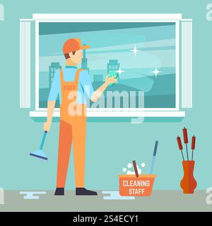 Flat man washes window - cleaning man vector character. Man cleaner work with brush illustration. Flat man washes window - cleaning man vector character Stock Vector