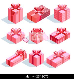 Pink gift boxes with ribbon bows vector icons set. Isometric collection gifts illustration. Pink gift boxes with ribbon bows vector icons set Stock Vector