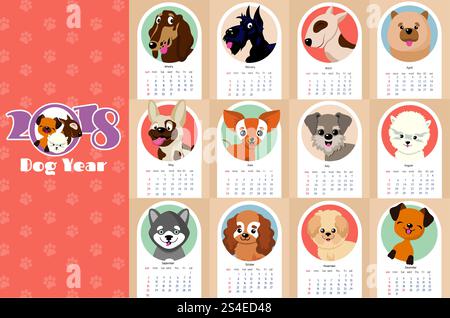 Monthly kids calendar 2018 with funny dogs, puppies. Dog calendar with character pets illustration. Monthly kids calendar 2018 with funny dogs, puppies Stock Vector