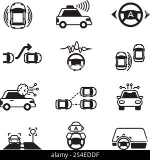 Car self control, futuristic driving intelligent vehicle systems vector icons. Smart car control, autonomous navigation for car illustration. Car self control, futuristic driving intelligent vehicle systems vector icons Stock Vector