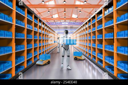Automation warehouse concept with 3d rendering assistant robot work in ...
