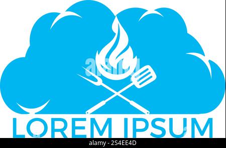 Creative concept with grilled sausage in a cloud shape. Grill bbq hotdog symbol. Fast food logo icon. Grill logo design concept. Tasty steak on fire and check sign makes cloud shape. Stock Vector