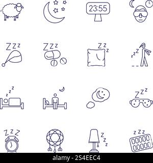 Insomnia problems icons and sleeping trouble vector signs. Set of sleep icons, illustration of bed rest sleep. Insomnia problems icons and sleeping trouble vector signs Stock Vector