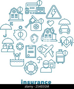 Insurance home and property line vector icons in circle design. Insurance house and medical, illustration of insurance apartment building and money. Insurance home and property line vector icons in circle design Stock Vector
