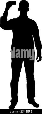 Man shows card in his hand Business card in hand businessman silhouette icon black color vector illustration flat style simple image Stock Vector