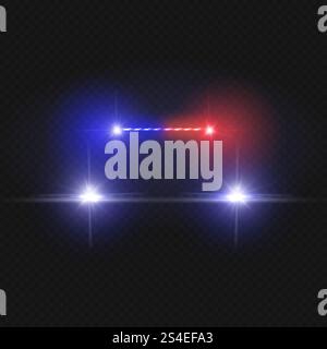 Police car headlights and blinking red siren lights isolated on transparent background. Police car with light red siren, illustration of driving police automobile. Police car headlights and blinking red siren lights isolated on transparent background Stock Vector