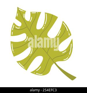 Cute cartoon Monstera leaf in flat style. Swiss cheese plant. Tropical plant leaf isolated on white background. Stock Vector