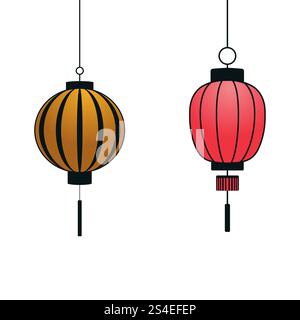 Two Chinese Lanterns Red and Yellow Gradient Hanging Decorations Vector Set EPS10 Stock Vector