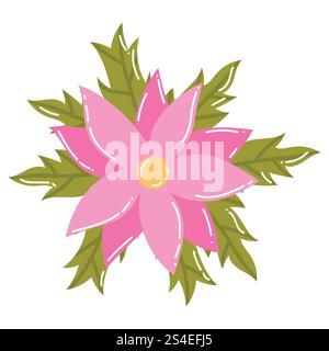 Cute cartoon pink flower with leaves in flat style. Tropical blooming plant isolated on white background. Stock Vector